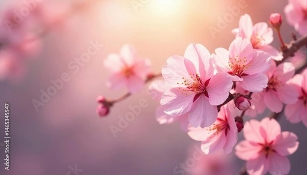Fototapeta Soft focus pastel spring blossoms, gentle sunlight on petals, element, nature background, spring