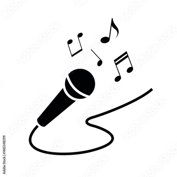 Fototapeta Icon of a microphone with notes. Symbol of music or karaoke. Pictogram of a music school, studio or singing. Attribute of a singer or composer.