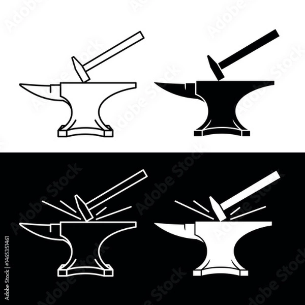 Fototapeta Hammer and anvil icon. Blacksmith's tool, forge attribute. Symbol of forging weapons or armor. Pictogram of work or hard labor.