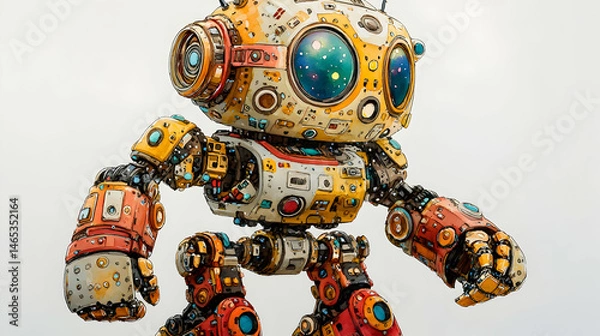 Fototapeta Cute, colorful, and detailed robot, with intricate mechanical design, standing in a pose