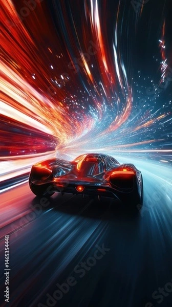 Fototapeta Futuristic vehicle racing through a vibrant tunnel.