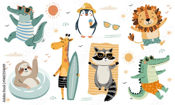 Fototapeta A set of flat vector illustrations in a simple children's style. Cute animals on beach vacation in swimsuits. Crocodile lion penguin sloth raccoon and giraffe. Vector illustration
