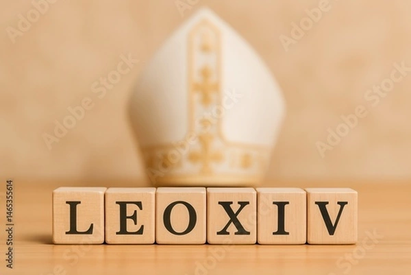 Fototapeta Wooden cubes composing the name Leo XIV with mitre in the background