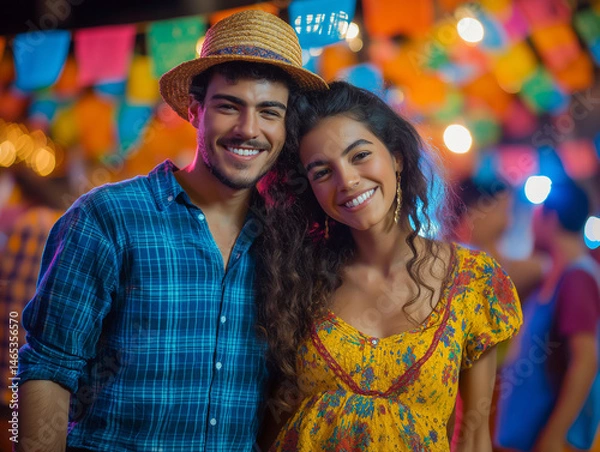 Obraz a young couple dressed in typical Festa Junina clothes, colorful clothes, vibrant colors, against a background of São João flags, lights, June celebration	