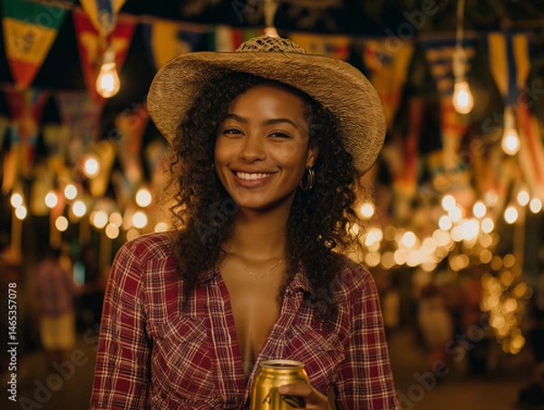 Fototapeta a young woman dressed in typical Festa Junina clothes, colorful clothes, vibrant colors, on a background of São João flags, lights	
