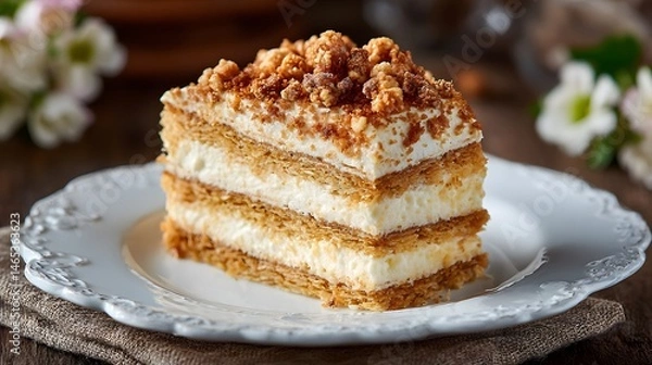 Obraz A delightful slice of layered cake with a cream filling, beautifully placed on a white plate.