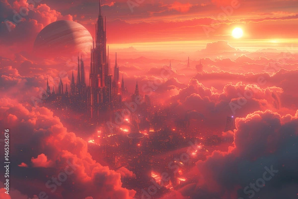 Fototapeta Futuristic city with towering skyscrapers above glowing clouds during a red sunset with a massive planet on the horizon