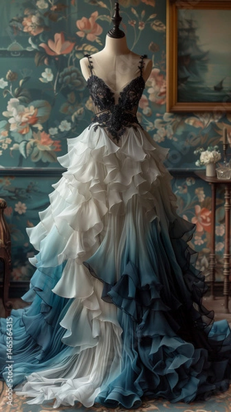 Fototapeta Elegant ruffled gown with ombre blue and white layers and intricate black lace bodice on a mannequin in a vintage floral room