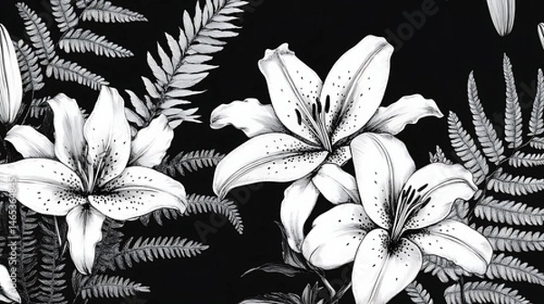 Obraz Elegant black and white floral design featuring lilies and ferns.