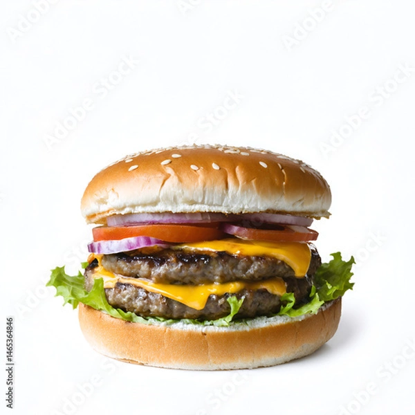 Fototapeta Double cheeseburger with lettuce, tomato, onion, and melted cheese on a sesame bun, isolated on white background. AI generated.