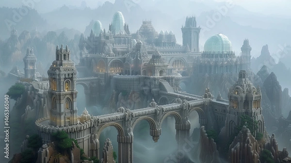 Fototapeta Fantasy stone palace with grand arches and glass domes rising from misty mountains in an epic medieval landscape