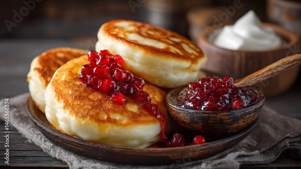 Fototapeta Stack of fluffy pancakes drizzled with sweet red jam, perfect for a delicious breakfast.