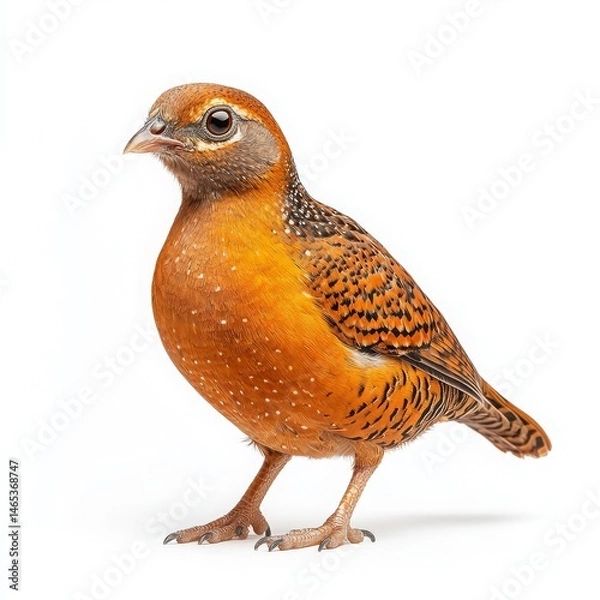 Fototapeta Colorful small bird with vivid orange plumage and intricate patterns perched against a bright white background
