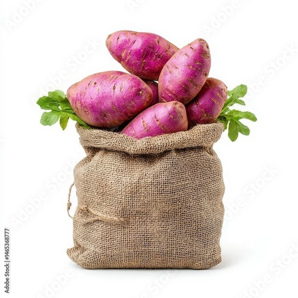 Obraz Freshly Harvested Purple Sweet Potatoes in a Jute Sack on a White Background
