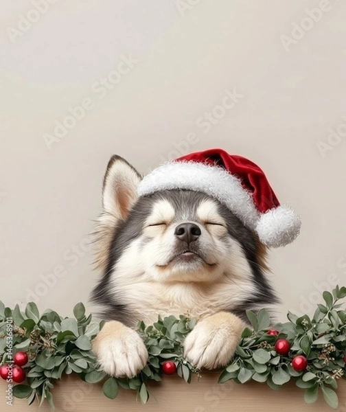 Obraz Joyful Dog with Santa Hat Surrounded by Holiday Greenery and Red Berries for Christmas Celebrations