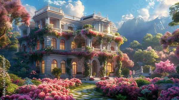 Fototapeta Elegant mansion covered in blooming flowers surrounded by a lush, colorful garden in a serene mountain landscape under a clear blue sky