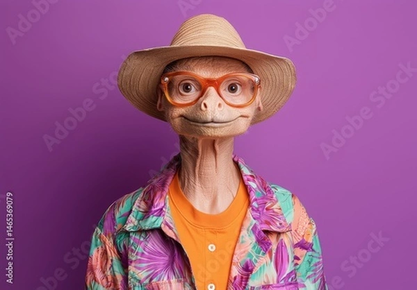 Obraz Quirky Character with Dinosaur-Like Features Wearing Hat and Glasses Against a Vibrant Purple Background