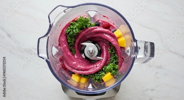 Fototapeta Healthy berry smoothie recipe making in blender with kale and mango for breakfast or snack idea