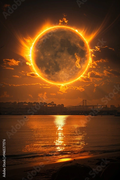 Fototapeta Dramatic solar eclipse above coastal cityscape with fiery corona and glowing orange sky reflecting in calm water