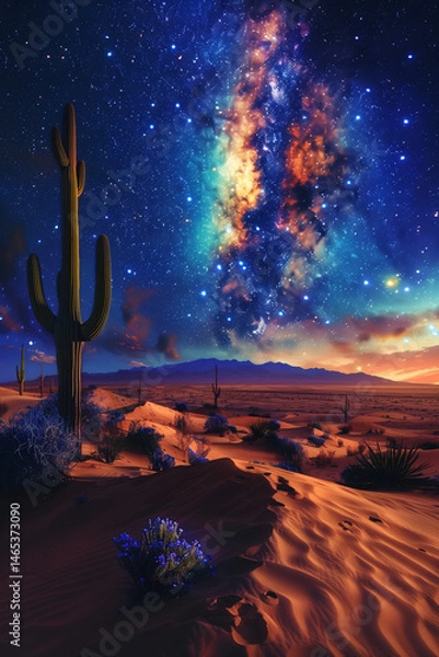 Fototapeta Vibrant desert landscape under a glowing Milky Way sky with tall cacti and blooming desert plants at sunset