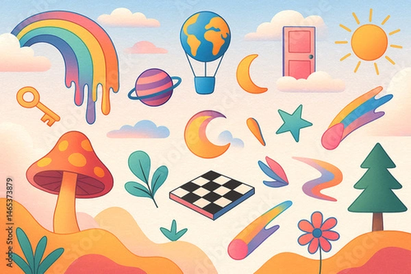 Fototapeta Dreamy Surreal Landscape with Retro Elements and Fantasy Symbols – AI Generated Illustration