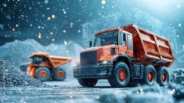 Fototapeta Large powerful mining trucks and heavy traversing a vast wintry open pit environment with real time data visualizations displayed as holographic projections above the vehicles