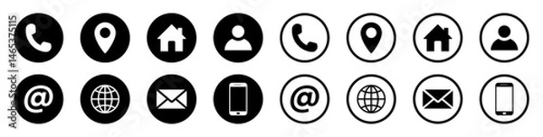 Fototapeta Set of contact and communication icons in silhouette and outline circle style. Contact information icons for business cards. Includes home, map pin, globe, phone call at symbol. Vector illustration.