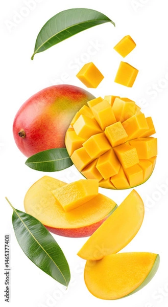 Fototapeta Fresh mango fruit with leaves and sliced pieces on a plain background for a vibrant presentation on transparent background