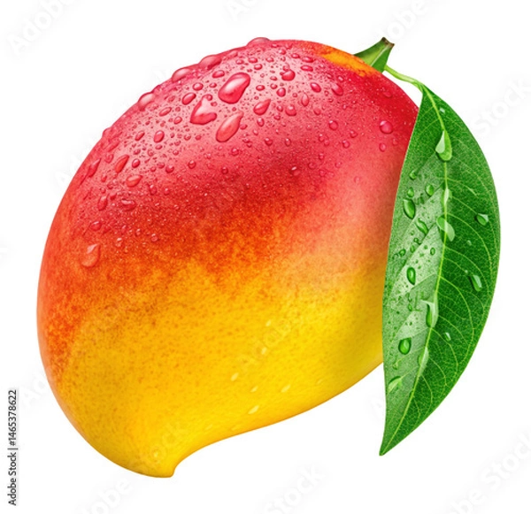 Fototapeta Close up of a fresh mango with water droplets and a green leaf on a black background studio shot on transparent background