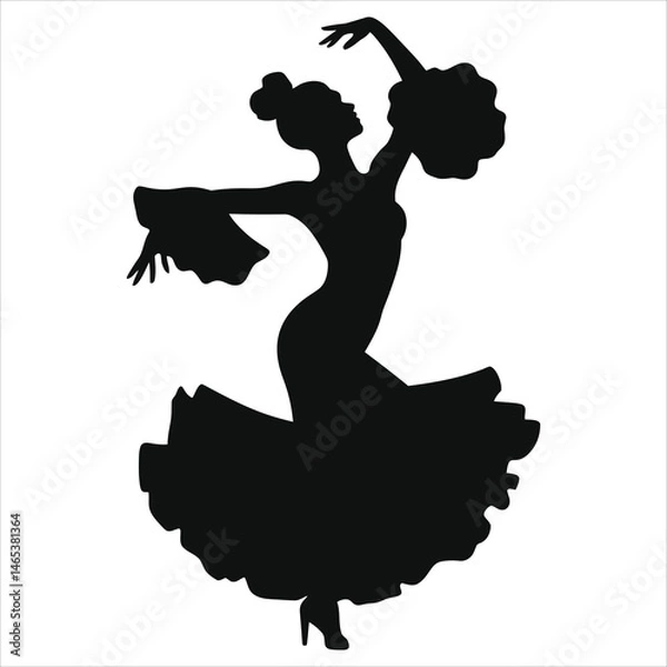 Fototapeta Graceful Vector Silhouette of a Flamenco Dancer/A striking black silhouette of a woman performing a flamenco dance.