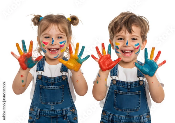 Fototapeta Two joyful children in overalls, faces and hands smeared with colorful paint, enthusiastically showing their hands in a fun and creative moment. isolated on white or transparent background. PNG