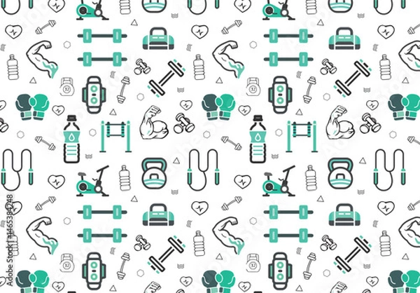 Fototapeta Vector set of design templates and elements for Fitness and Workout in trendy linear style - Seamless patterns with linear icons related to Fitness - Vector