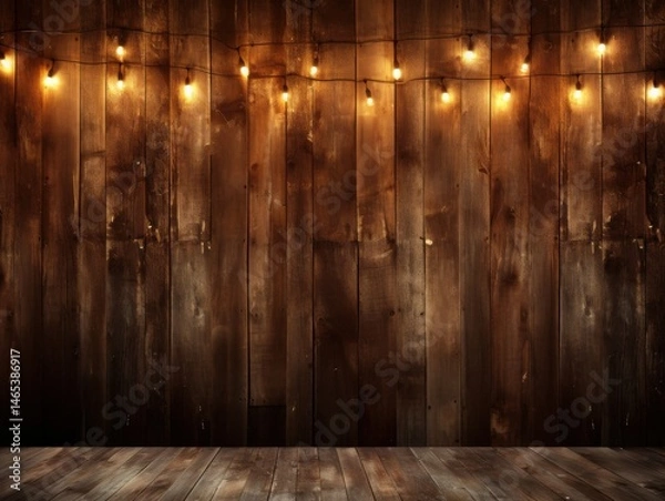Obraz Rustic wood wall with string lights for background use
