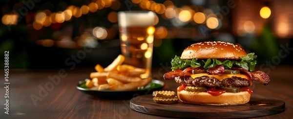 Fototapeta A juicy bacon cheeseburger with fries and a glass of beer is served on a wooden table in a cozy restaurant