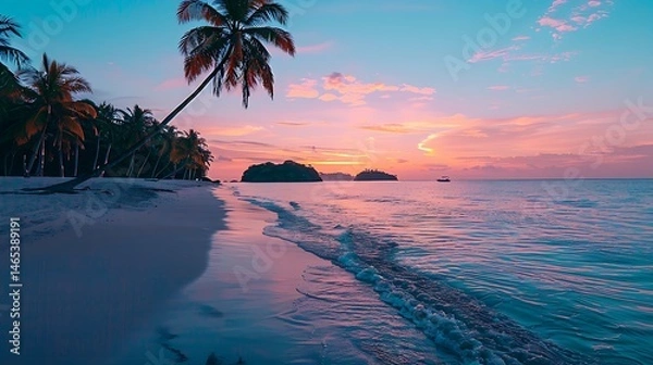 Fototapeta A tropical beach at sunset with palm trees, calm waves, and colorful clouds in the sky