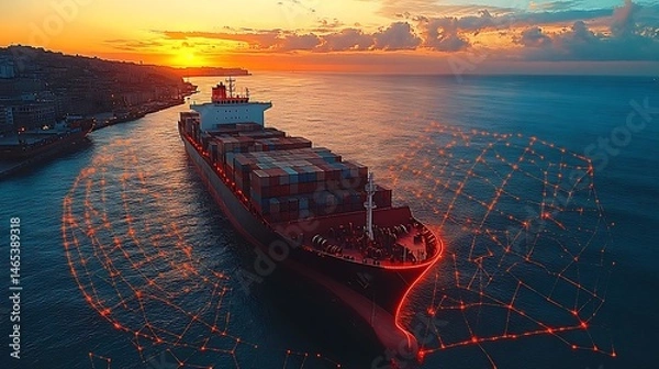 Fototapeta A container ship at sunset with a digital network overlay, symbolizing smart shipping technology