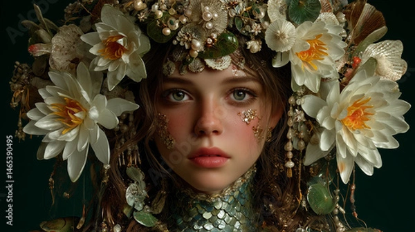 Obraz Enchanting fantasy portrait of a woman with floral crown and sparkles, glowing soft light, fairy tale style with ethereal mood and gentle beauty expression