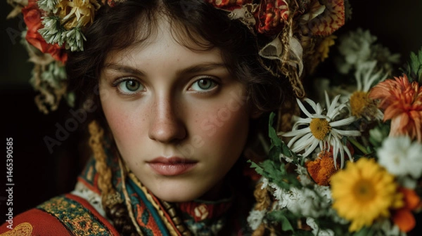 Fototapeta Enchanting fantasy portrait of a woman with floral crown and sparkles, glowing soft light, fairy tale style with ethereal mood and gentle beauty expression