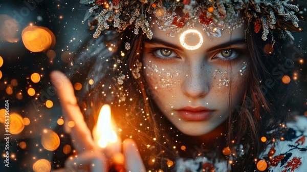 Fototapeta Enchanting fantasy portrait of a woman with floral crown and sparkles, glowing soft light, fairy tale style with ethereal mood and gentle beauty expression