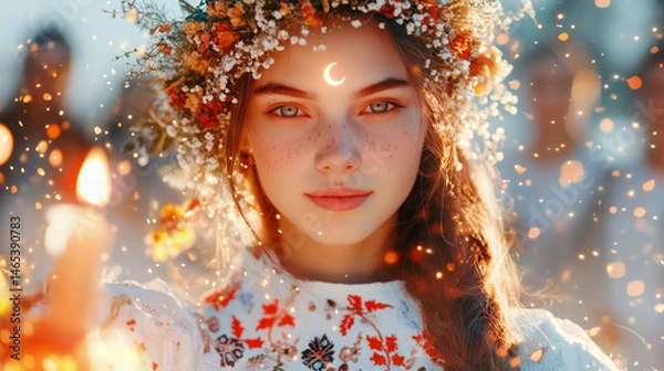 Fototapeta Mystical fantasy portrait of a beautiful young woman in a flower crown, surrounded by sparkles and glowing particles, in a magical dreamlike atmosphere of folklore and enchantment