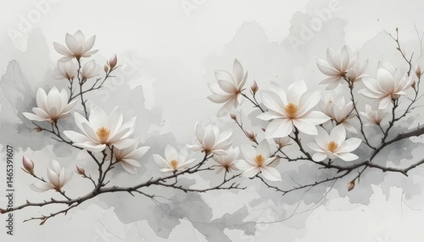 Fototapeta a beautiful, artistic arrangement of white flowers with green leaves against a soft gray background. the flowers are symmetrically placed in a central line, creating a sense of balance and harmony