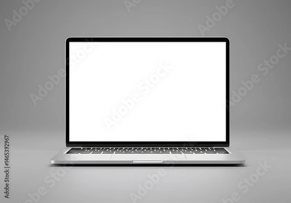 Obraz A laptop with a blank white screen sits on a gray surface in front of a gray background studio shot