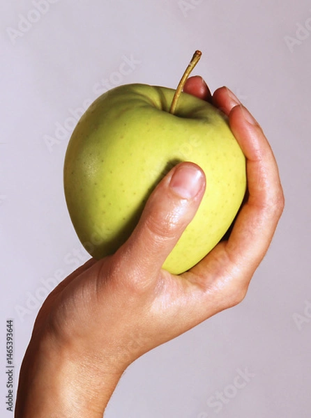 Fototapeta A woman's female hand is holding a green apple isolated on a white background. Symbol of well-being and natural health