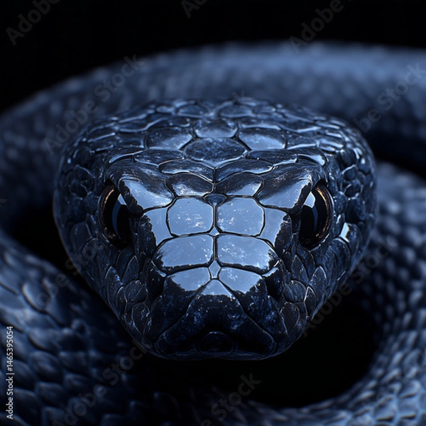 Fototapeta Close-up of a mystical black snake with glowing orange eyes and textured scales, fantasy reptile portrait in dramatic lighting on dark background, digital art with surreal and magical style
