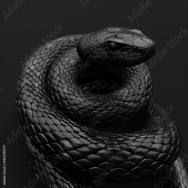 Fototapeta Close-up of a mystical black snake with glowing red eyes in dark fantasy style, detailed reptile scales and dramatic lighting, mysterious serpent in surreal atmosphere with magical mood