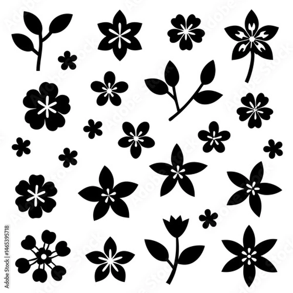 Obraz A 4x5 grid of 20 cherry blossom icons in various shades and styles, including single flowers, blooming branches, and buds, with some featuring  leaves, all set against a white background