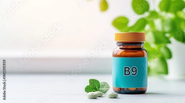 Fototapeta Photo of a hand holding a bottle of vitamin supplements labeled "B9", placed on a clean white table with a blurred background of a bright kitchen, natural daylight coming from a window