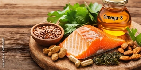 Fototapeta Photo of a neatly arranged wooden board featuring Omega-3-rich foods salmon, walnuts, flaxseeds, and seaweed, with a bottle of Omega-3 supplements labeled "Omega-3" subtly placed in the background
