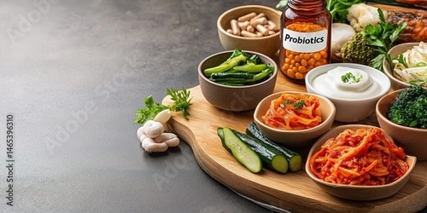 Fototapeta Photo of a neatly arranged wooden board featuring probiotic-rich foods kimchi, miso paste, yogurt, and pickled vegetables, with a bottle of probiotic supplements labeled "Probiotics"