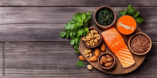 Fototapeta Minimalistic stock photo of a neatly arranged wooden board featuring Omega-3-rich foods  salmon, walnuts, flaxseeds, and seaweed, with a bottle of Omega-3 supplements labeled "Omega-3" 